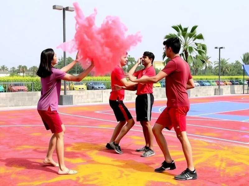 Mahal Volley Elite Holi Event - Players with colored outfits on a vibrant court